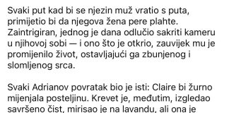 Svaki put kad bi se njezin muž vratio s puta, vidio bi svoju ženu kako pažljivo pere plahte. Zaintrigiran, jednog je dana odlučio sakriti kameru u njihovoj spavaćoj sobi — i ono što je otkrio zauvijek mu je promijenilo život, ostavljajući ga posramljenog i slomljenog srca. Svaki put kad bi se njezin muž vratio s puta, vidio bi svoju ženu kako pažljivo pere plahte. Zaintrigiran, jednog je dana odlučio sakriti kameru u njihovoj spavaćoj sobi — i ono što je otkrio zauvijek mu je promijenilo život, ostavljajući ga posramljenog i slomljenog srca. - featured image