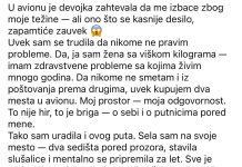 U avionu je devojka odbila da sedi pored mene zbog moje težine — ali sve se odvilo drugačije. U avionu je devojka odbila da sedi pored mene zbog moje težine — ali sve se odvilo drugačije. - featured image