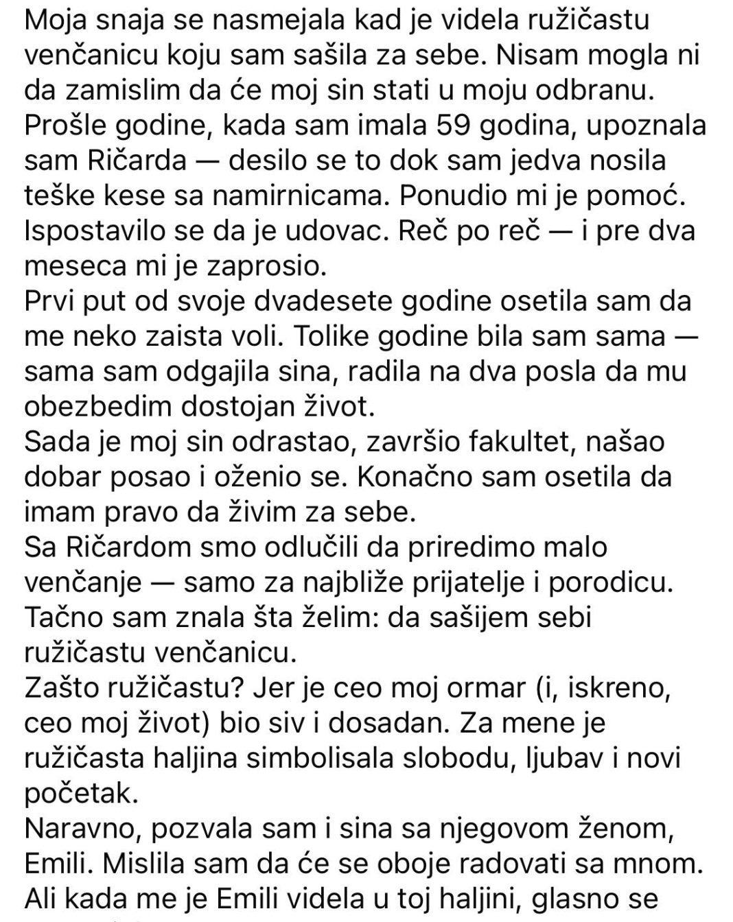 Moja snaja se nasmejala kada je videla ružičastu venčanicu koju sam sašila za sebe. Nisam mogla da zamislim da će moj sin stati u moju odbranu. - featured image
