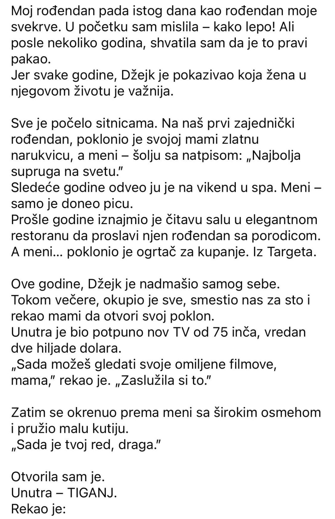 Moj muž je svojoj mami kupio televizor za 2000 dolara za rođendan, a meni — tiganj. Ono što sam ja pripremila, zapamtiće dugo. - featured image Moj muž je svojoj mami kupio televizor za 2000 dolara za rođendan, a meni — tiganj. Ono što sam ja pripremila, zapamtiće dugo. - featured image