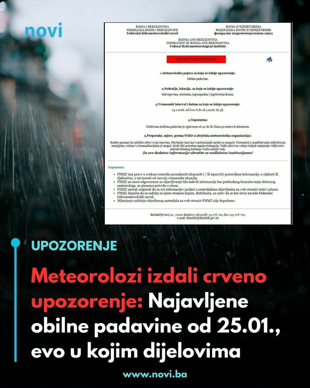 Meteorolozi izdali crveno upozorenje: Najavljene obilne padavine od 25.01., evo u kojim dijelovima - featured image