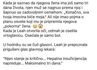 Saznavši da lekari daju njegovoj ženi samo još tri dana života, muž se nagnuo prema njoj i prošaputao sa zadovoljanim osmehom: „Konačno, sva tvoja imovina biće moja.“ Ali nije ni slutio kakav plan osvete mu je pripremila njegova „pokorna“ žena. Saznavši da lekari daju njegovoj ženi samo još tri dana života, muž se nagnuo prema njoj i prošaputao sa zadovoljanim osmehom: „Konačno, sva tvoja imovina biće moja.“ Ali nije ni slutio kakav plan osvete mu je pripremila njegova „pokorna“ žena. - featured image
